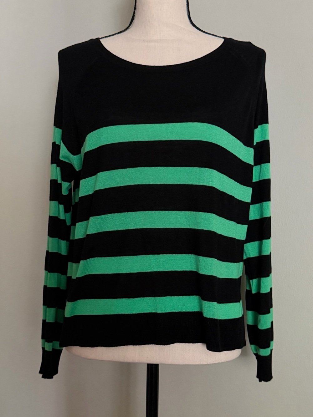 Zara | Black & Kelly Green Striped Lightweight Sweater | Size Small